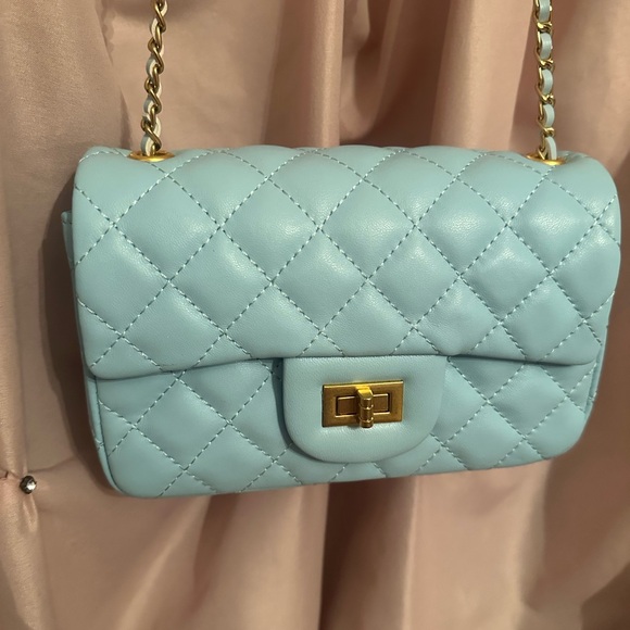 Tiffany & Fred Paris blue and gold leather bag purse quilted chain ball - Picture 8 of 15